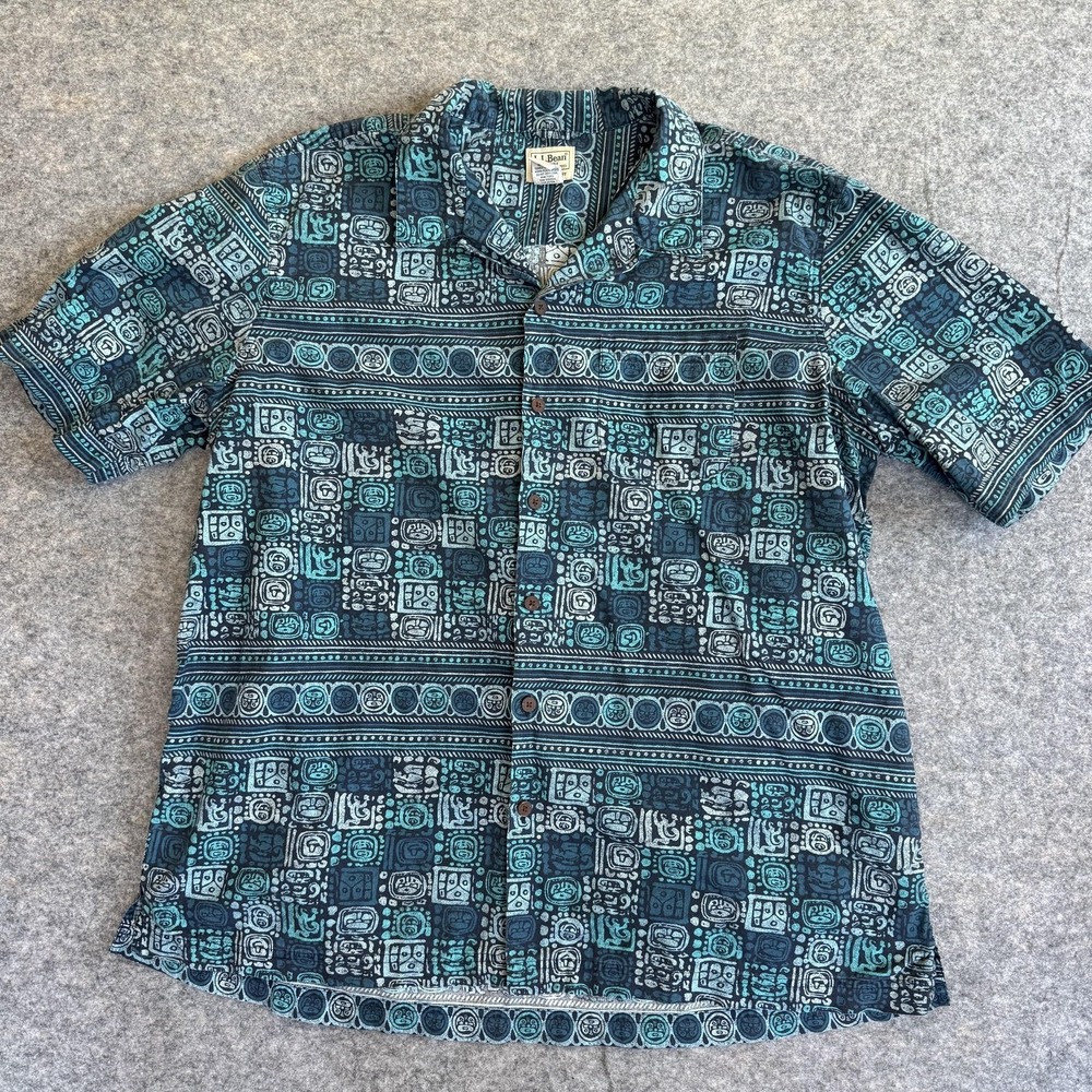 L.L.Bean Shirt Mens XL Blue Geometric Tribal AOP‎ Camp Loop Collar Short Sleeve
